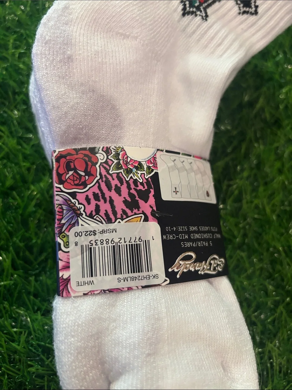 Ed hardy women’s White Crew Socks with Embroidered Cross and Red Heart